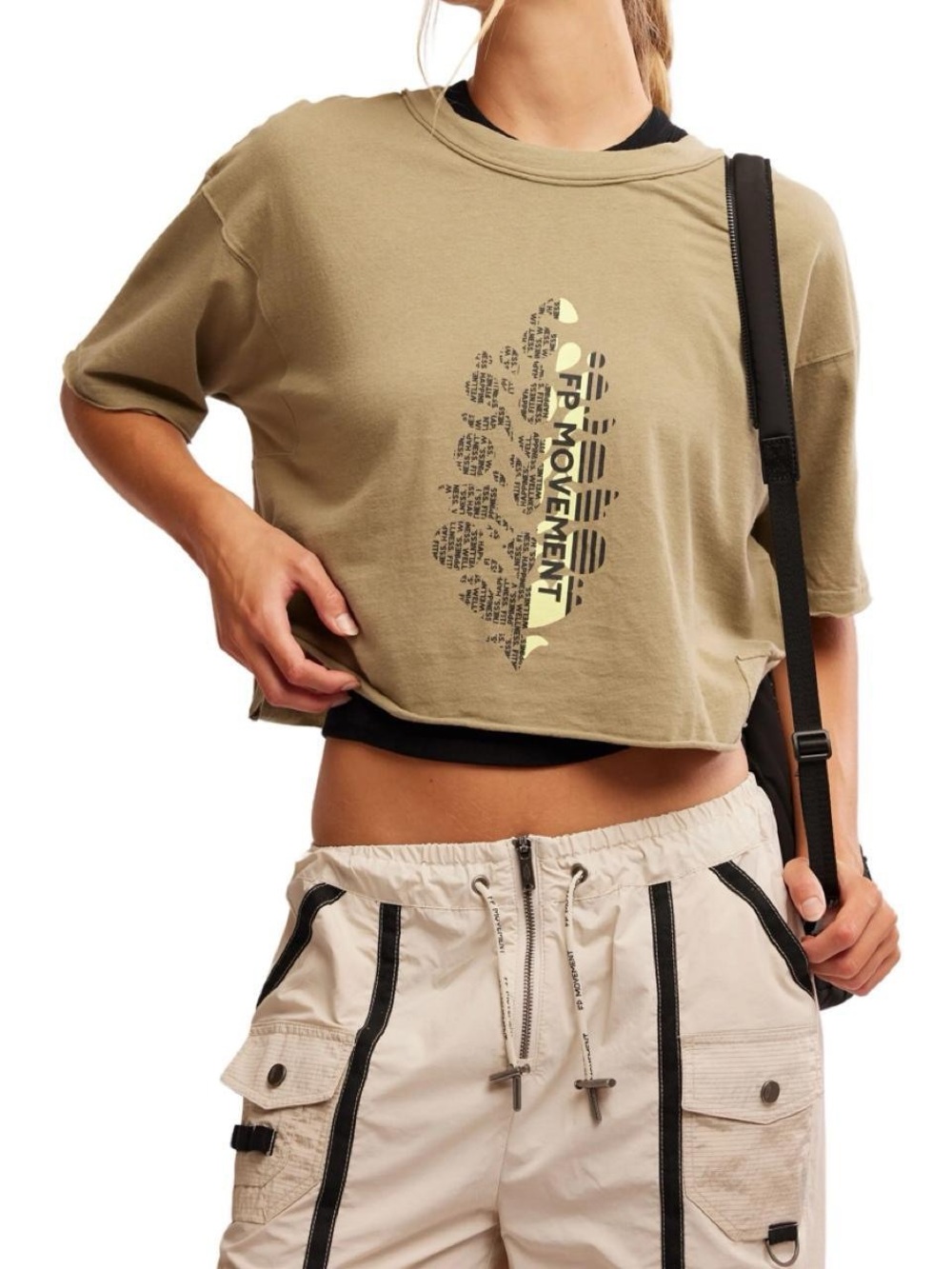 Free Movement olive green crop top with yellow graphic of a leaf